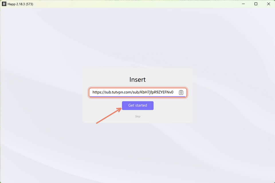Happ Desktop: экран Insert, вставка ссылки подписки