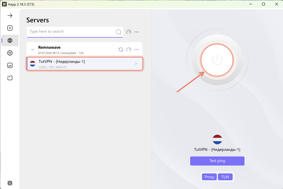 Happ Desktop: список серверов и кнопка подключения